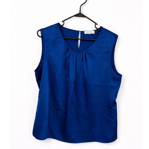 Calvin Klein Royal Blue Sleeveless Blouse Size XL Pleated Neck Career Top - Picture 6 of 6